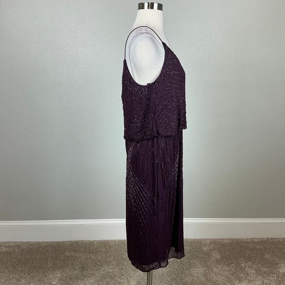 J Kara Beaded Chiffon Sleeveless Midi Sheath Cocktail Dress Purple Size 10 - Picture 4 of 12